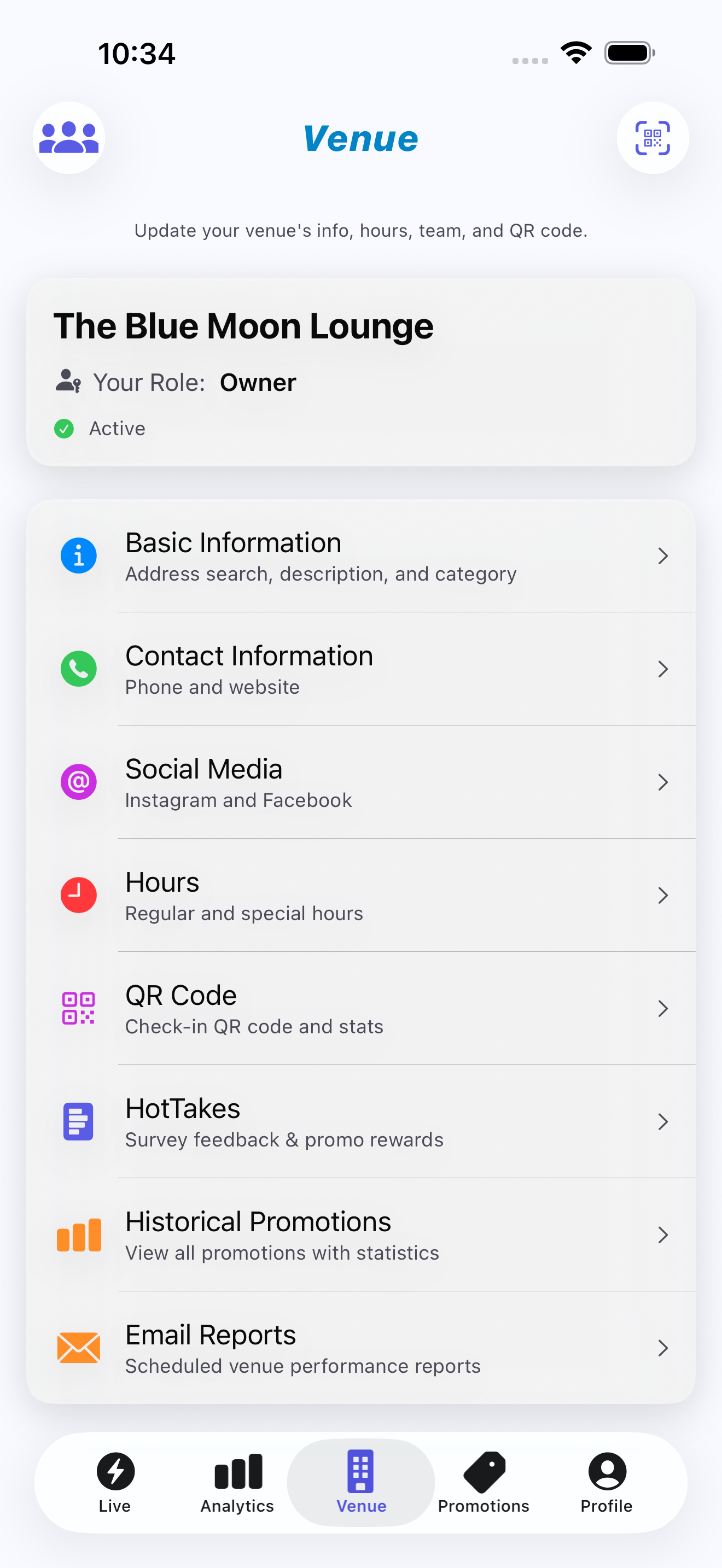 HotSpot venue management screen with basic info, hours, QR code, and historical promotions