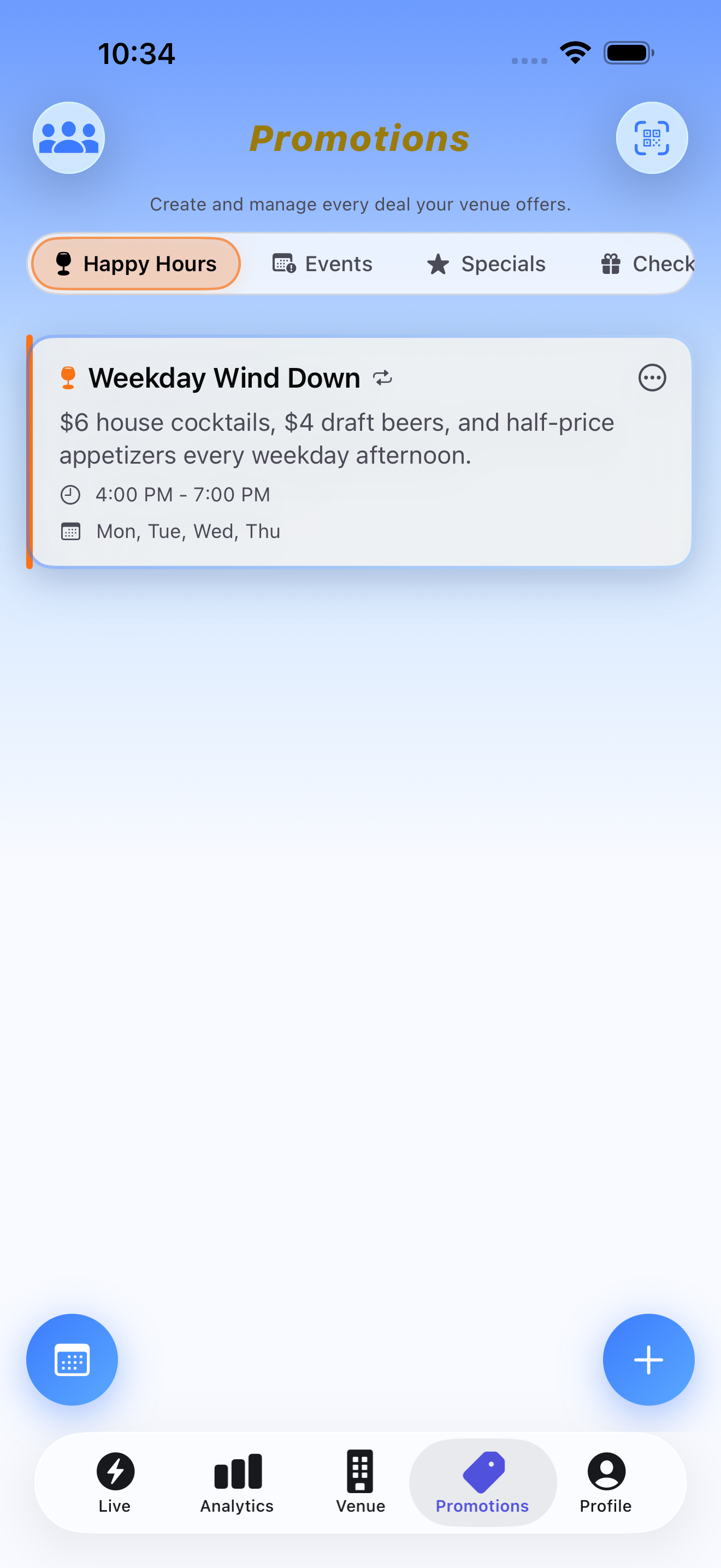 HotSpot venue promotions screen with happy hours, events, and specials