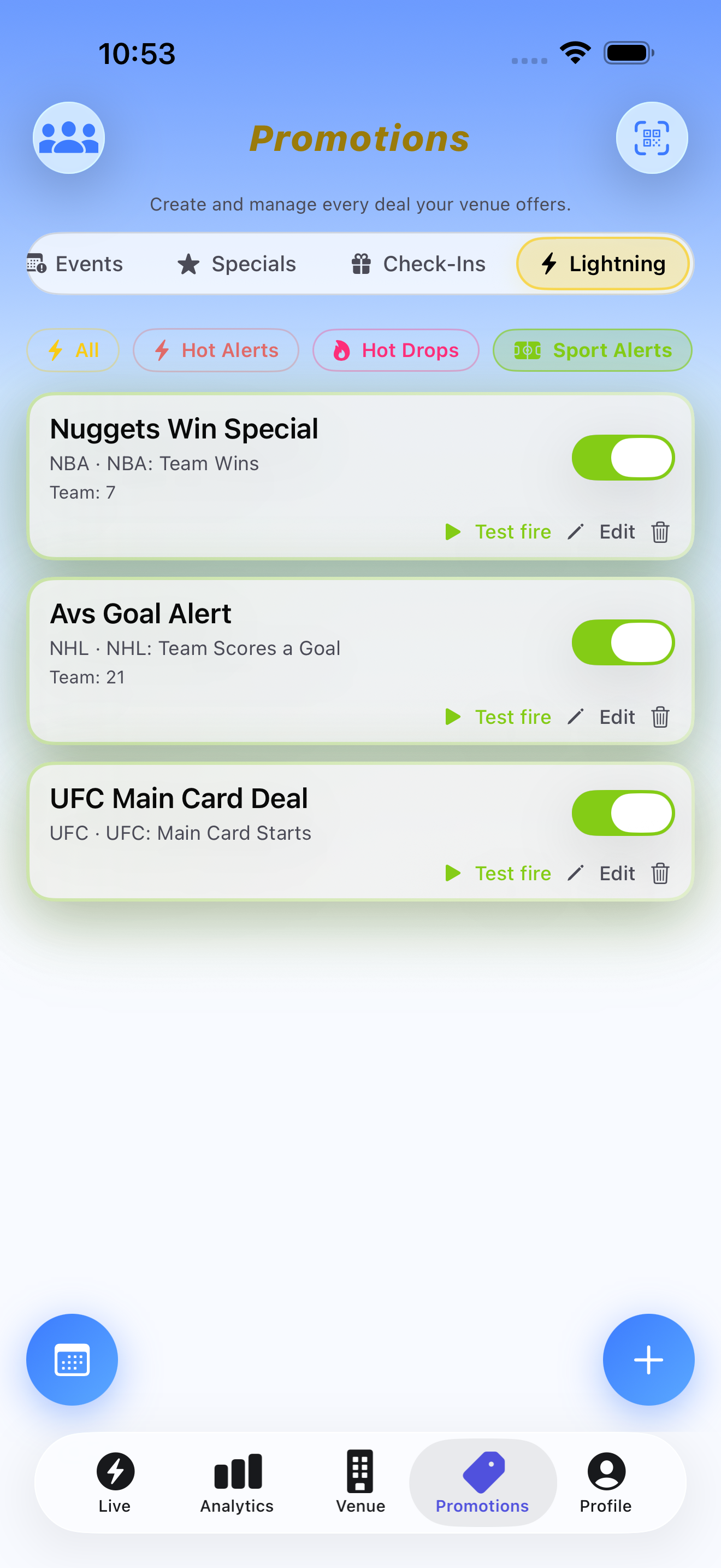 HotSpot venue Sport Alerts list with game-triggered deals for local teams